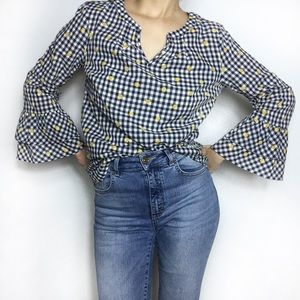 Talbots Petite Navy Gingham 3/4 Popover Blouse